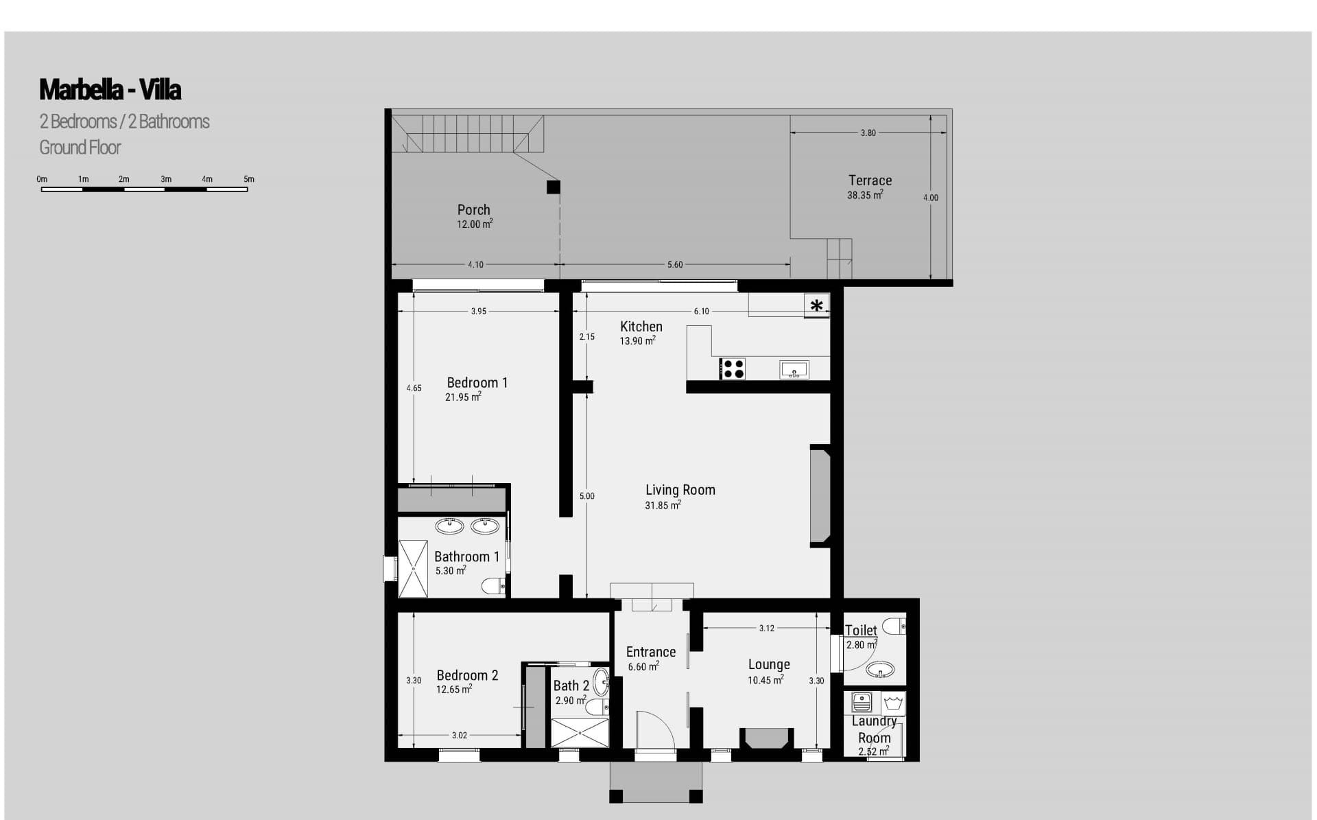 Scandi-style design bungalow in the beachfront Oasis Club on Marbella's Golden Mile.