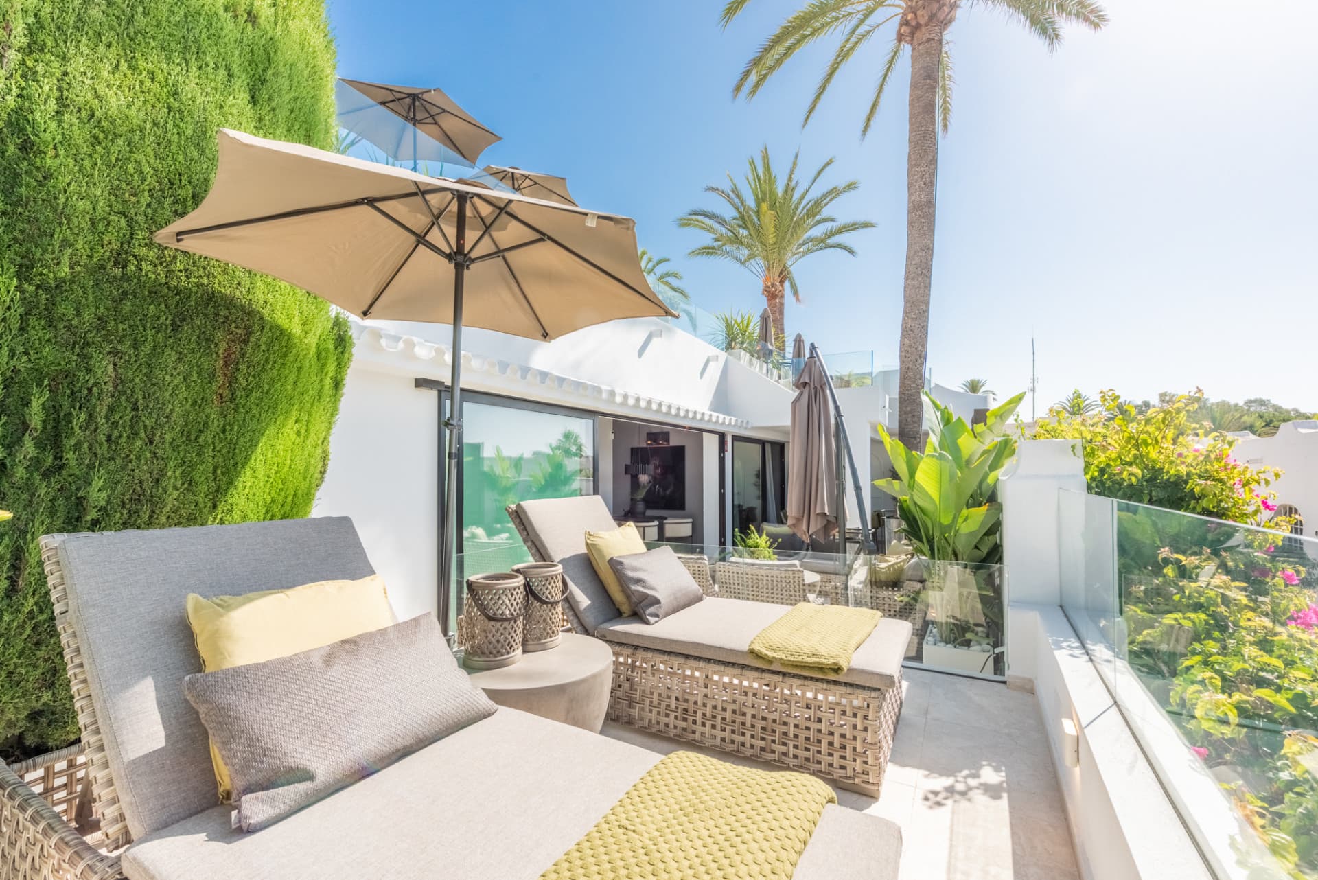 Scandi-style design bungalow in the beachfront Oasis Club on Marbella's Golden Mile.