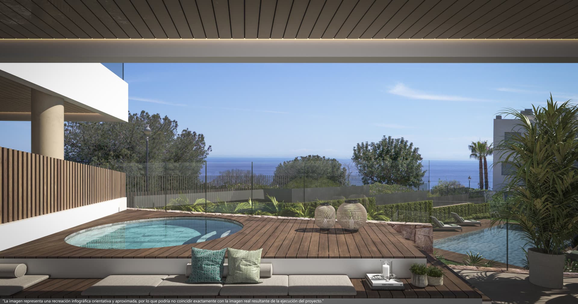 Un hermoso bajo con piscina, jardín privado y vistas al mar