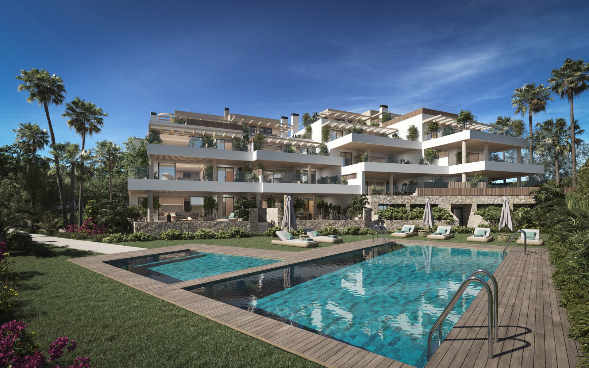 Un hermoso bajo con piscina, jardín privado y vistas al mar