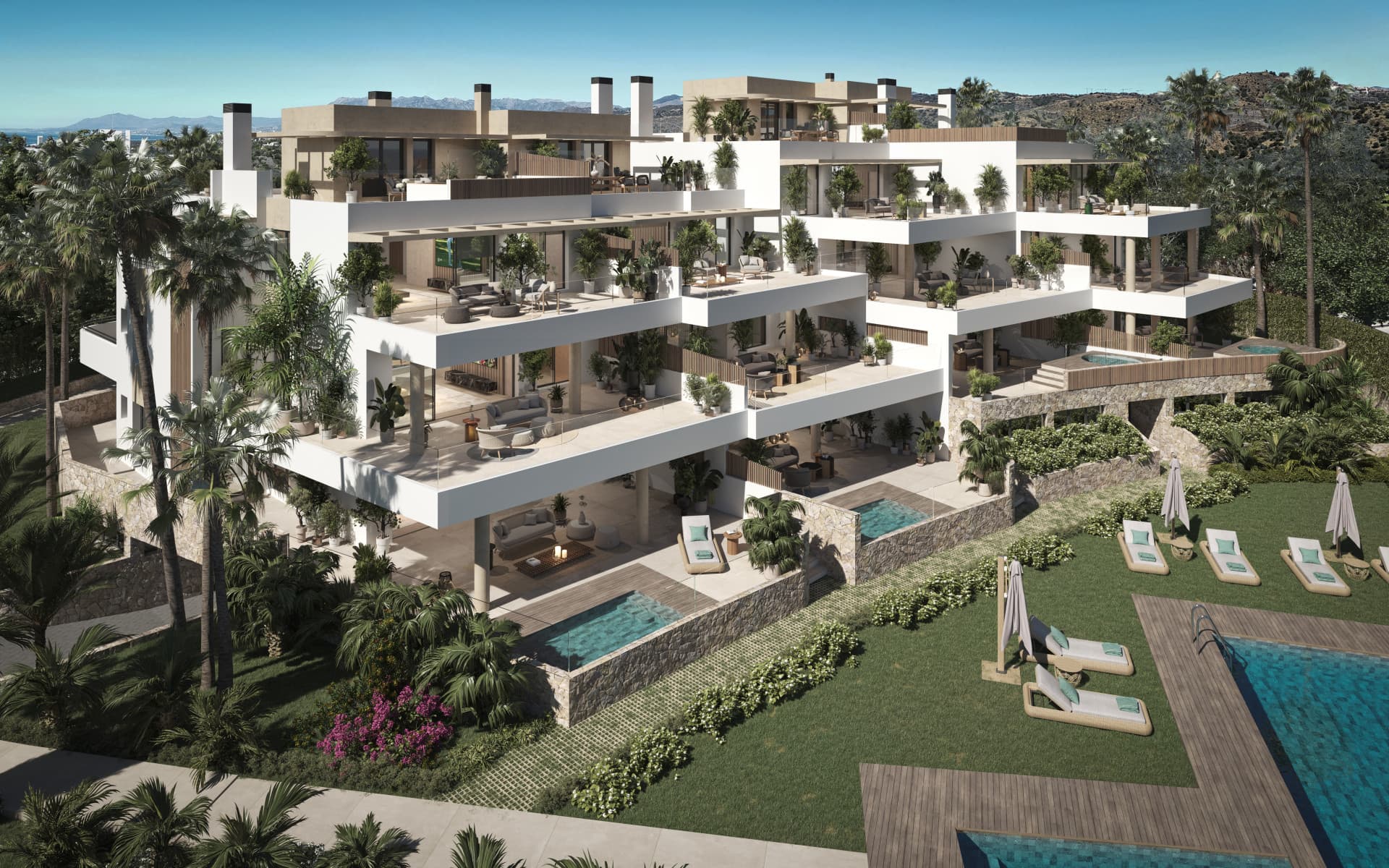 Un hermoso bajo con piscina, jardín privado y vistas al mar